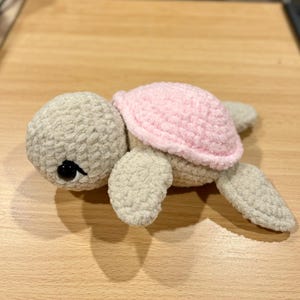 Könnte beinhalten: Ein gehäkeltes Schildkröten-Stofftier mit einem weichen beigen Körper und einem hellrosa Panzer. Die Schildkröte hat große, runde, schwarze Kunststoffaugen mit sichtbaren Wimpern und eine texturierte Garnstruktur am gesamten Körper.