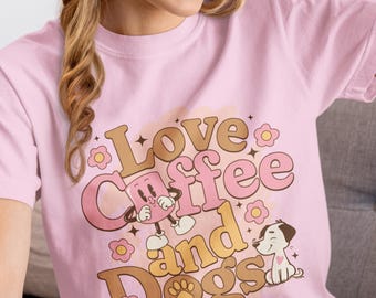 Coffee and Dogs Shirt, Whimsical Dog Lover Comfort Colors Tee, Cute Cartoon Dog Mom Gift for Her, Coffee Lover Pet Parent Tee
