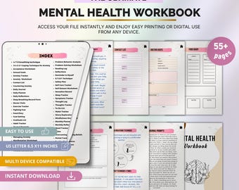 Mental Health Workbook for Emotional Wellness, Self-Care, Reflection and Healing, Canva Editable, Printable PDF