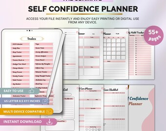 Self Confidence Planner, Motivation Journal, Daily Goals Tracker for Personal Growth, Canva Editable