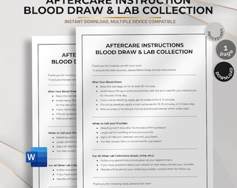 Blood Draw Aftercare Instructions for Lab Collection, Printable Patient Guidance Sheet