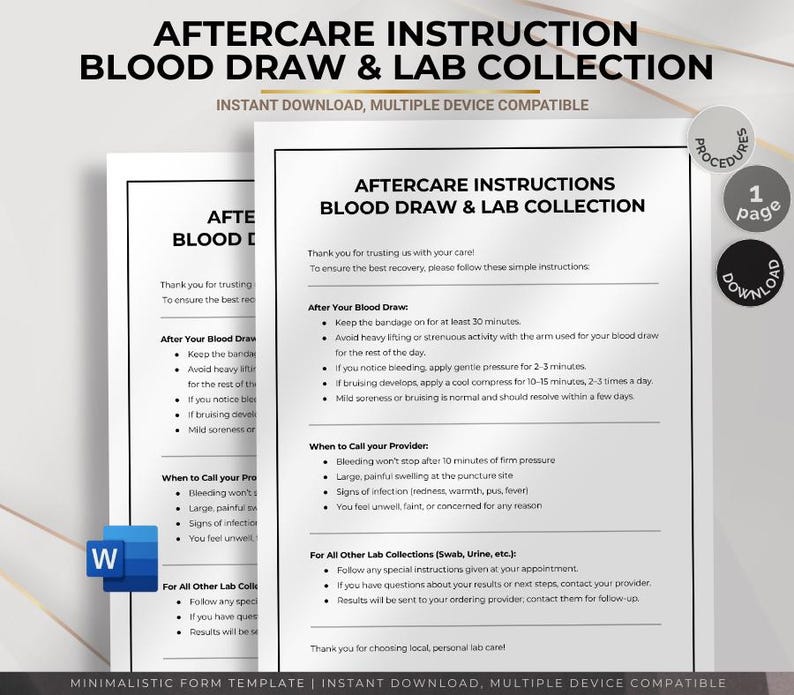 Lab Draws Sop Blood Draw Aftercare Instructions for Lab Collection, Printable Patient ...