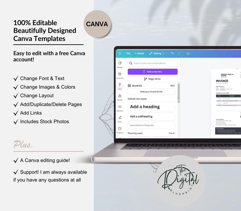 Digital Invoice Template, Editable Billing Document, Professional ...