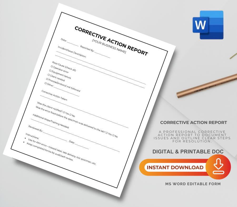 Corrective Action Report Template, Workplace Issue Documentation ...