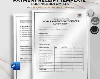 Payment Receipt Template for Phlebotomists, Editable Digital Invoice, Client Billing Document
