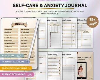 Self-Care and Anxiety Journal, Mindfulness Planner, Daily Stress Tracker for Wellness, Canva Editable