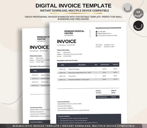 Digital Invoice Template, Editable Billing Document, Professional Invoice for Small Business Use