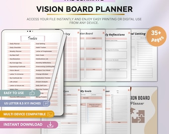 Digital Vision Board Planner, Goal Setting Journal, Daily Motivation Tracker for Personal Success