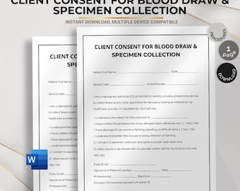 Client Consent Form for Blood Draw and Specimen Collection, Editable Medical Documentation