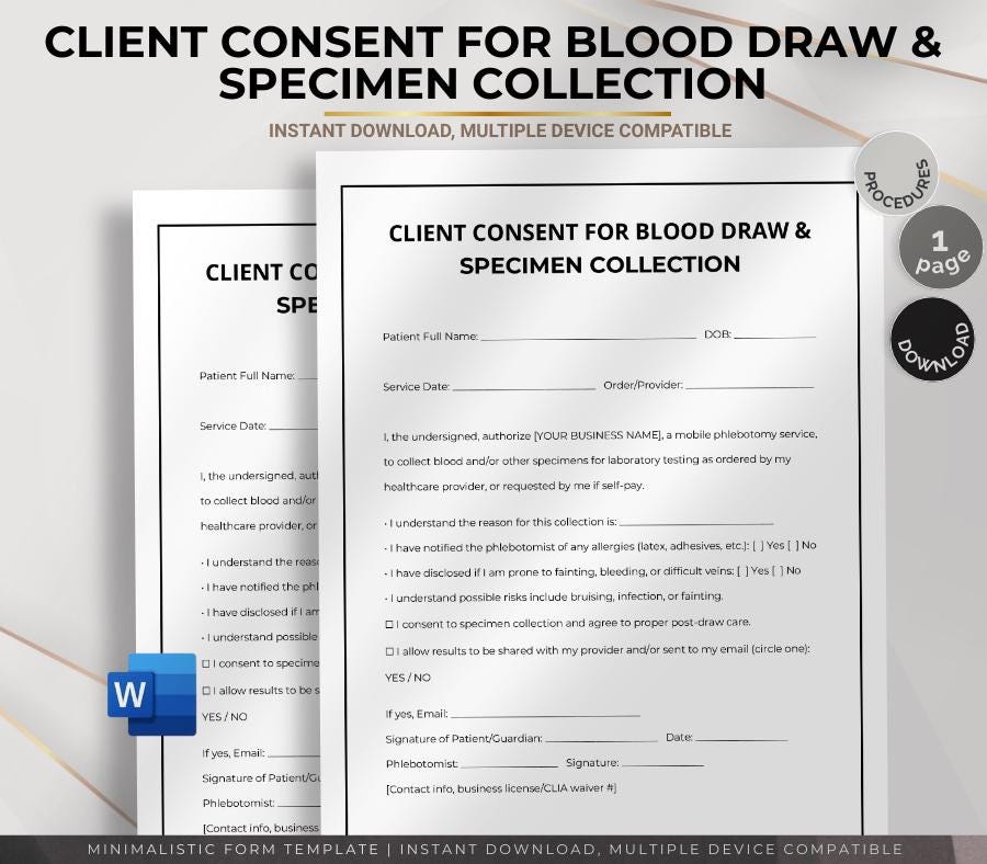 Blood Consent Form.pdf Client Consent Form for Blood Draw and Specimen Collection, Editable ...