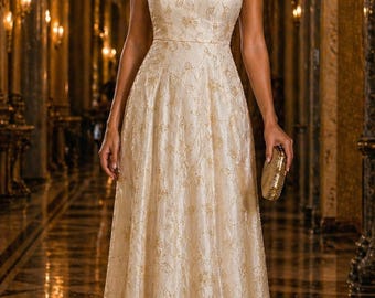 Puede incluir: Un vestido de noche marfil con cuello halter, adornado con delicados bordados florales dorados. El vestido presenta un corpiño ajustado y una falda fluida. Se sostiene un clutch dorado en la mano. El fondo es un gran salón con candelabros.
