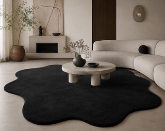 Organic Shaped Black Wool Hand Tufted Rug – Irregular Living Room Carpet
