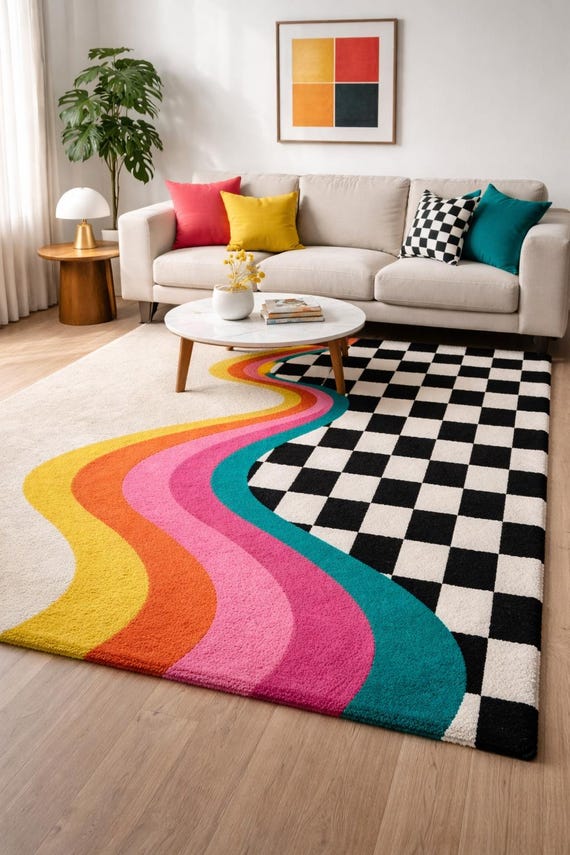 Hand Tufted Abstract Checkerboard Rug with Rainbow Melting Waves, Luxury Colorful Statement Area Carpet for Living Room Kids Room Decor 9x12