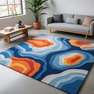 Abstract Topographic Wool Rug: Blue, Orange, Navy Wavy Area Carpet.