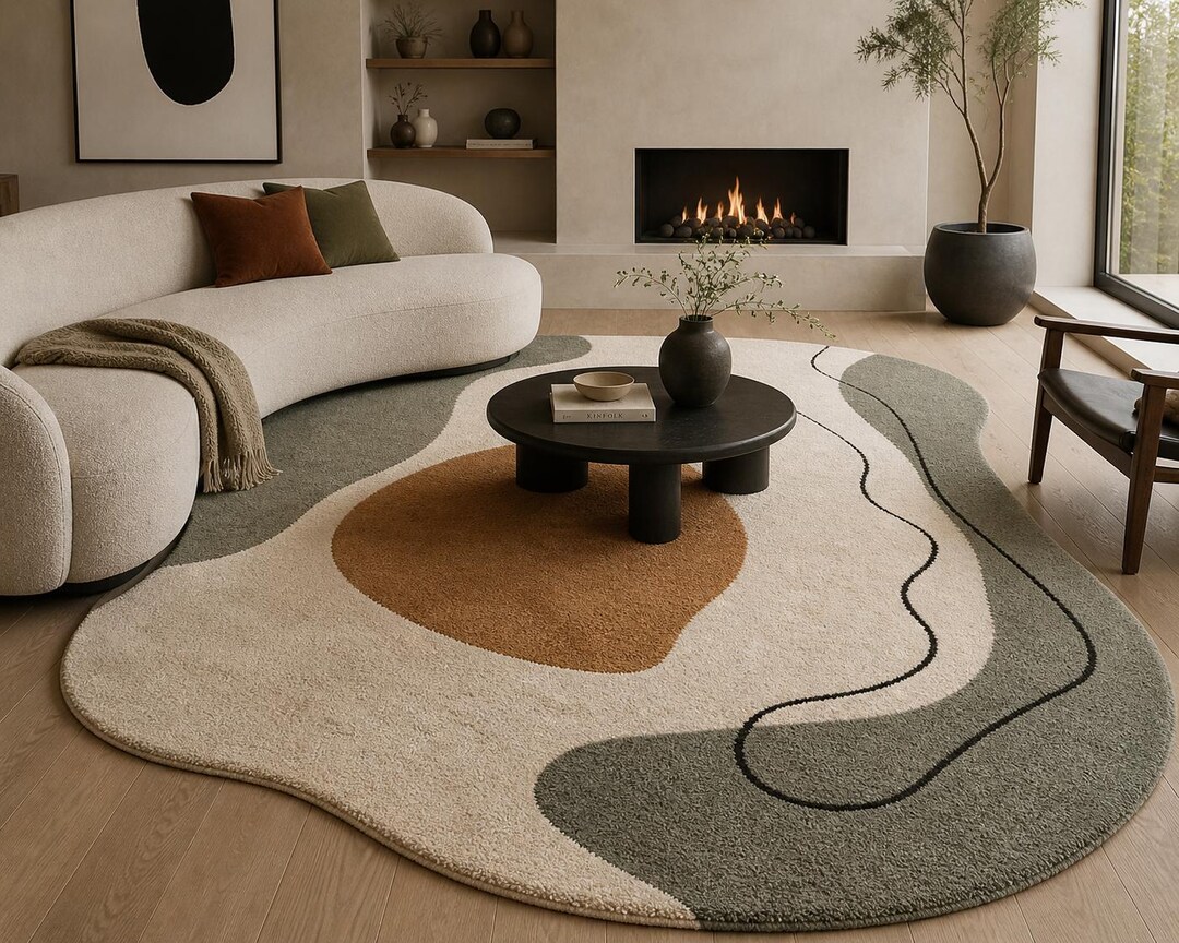 Organic Shape Hand Tufted Wool Rug: Abstract Sage Green Terracotta ...