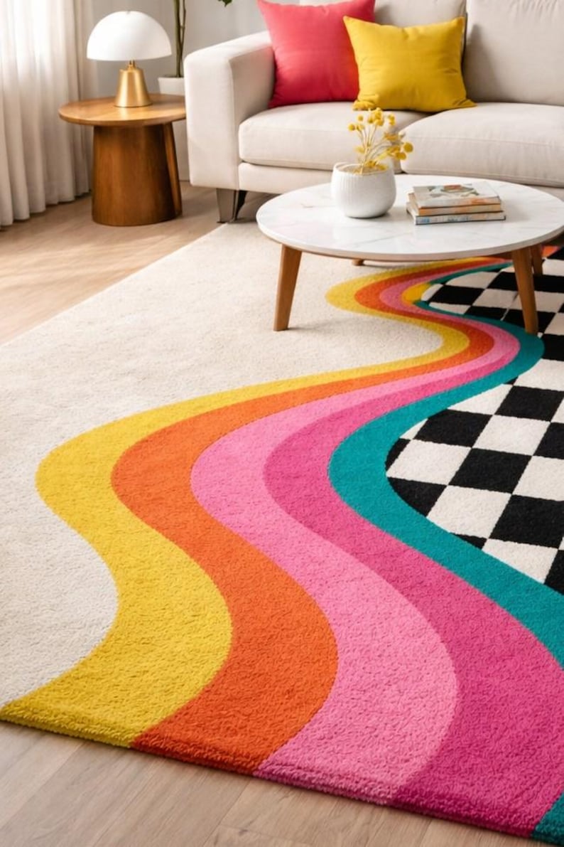 Colorful hand-tufted checkerboard area rug with vibrant curved rainbow-inspired stripes flowing across a plush ivory background into a classic black and white checkered design. Crafted from premium wool, this modern statement rug adds texture, warmth, and playful retro style to living rooms, bedrooms, creative studios, offices, and contemporary home interiors.