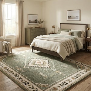 May include: A large rectangular area rug featuring a sage green field with a central cream and brown geometric medallion, surrounded by a decorative floral border with intricate patterns in shades of green, cream, and muted brown tones.