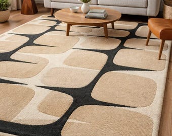 Mid Century Modern Geometric Wool Rug, Hand Tufted Beige Black Scandinavian Home Decor