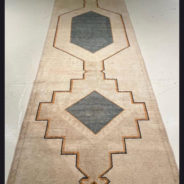 Geometric Neutral Runner Rug, Modern Boho Hallway Runner, Beige and Grey Tribal Area Rug, Aztec Style Kitchen Mat, Minimalist Runner Rug2x14