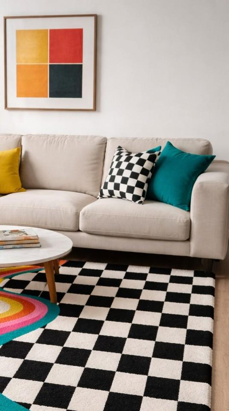 Handmade wool area rug showcasing an eye-catching retro wave design with flowing mustard, orange, pink, magenta, and teal curves merging into a bold black and white checkerboard pattern. The plush hand-tufted construction creates a soft, luxurious feel underfoot while enhancing modern, maximalist, Bauhaus, eclectic, and artistic interior spaces with vibrant visual appeal.