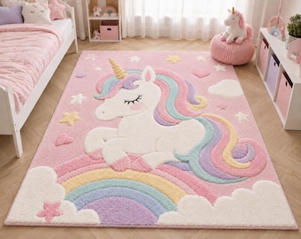 Pink Unicorn Rainbow Rug: Hand-Tufted Wool Kids Play Mat for Girls Room Décor
