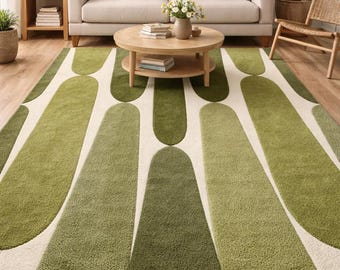 Hand Tufted Modern Abstract Carpet, Green Organic Pattern Wool Floor Decor, Contemporary Living Room Statement Piece