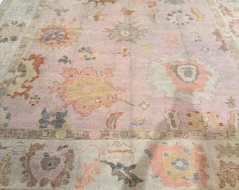 Pastel Pink Oushak Wool Rug, Hand Knotted Turkish Floral Area Rug