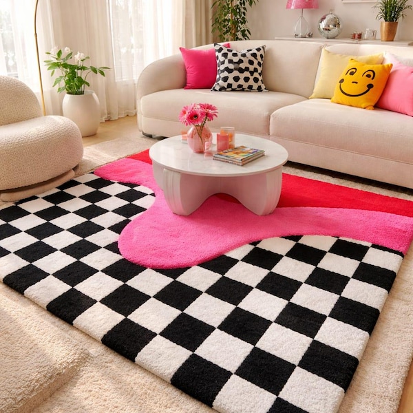 Hand Tufted Checkered Area Rug, Pink Black White Checkerboard Rug, Modern Handmade Carpet, Living Room Bedroom Nursery Decor