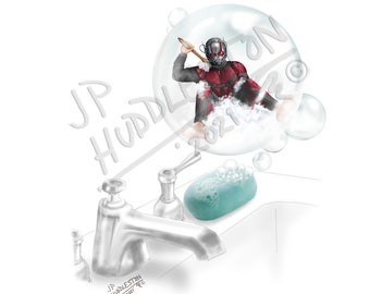 Superhero Bathroom Print **ANT-MAN**  in a bubble (1 Print) Comic Book Art Bathroom Ironman Thor Antman Spiderman Marvel Scott Lang Antman