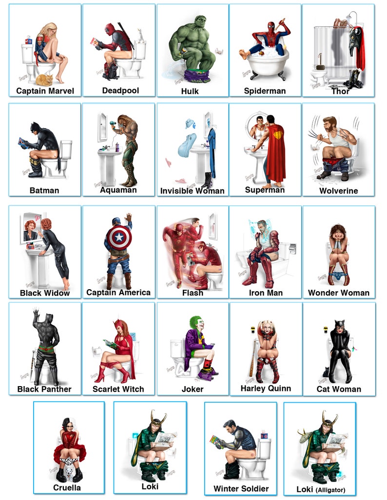 SET of 2 BATHROOM SUPERHEROES Bathroom Prints Toilet Ironman Thor Wolverine Captain America Hulk Iron Man Antman image 10