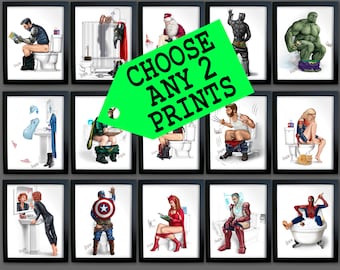 SET of *2** BATHROOM SUPERHEROES Bathroom Prints Toilet Ironman Thor Wolverine  Captain America Marvel Hulk Iron Man Antman