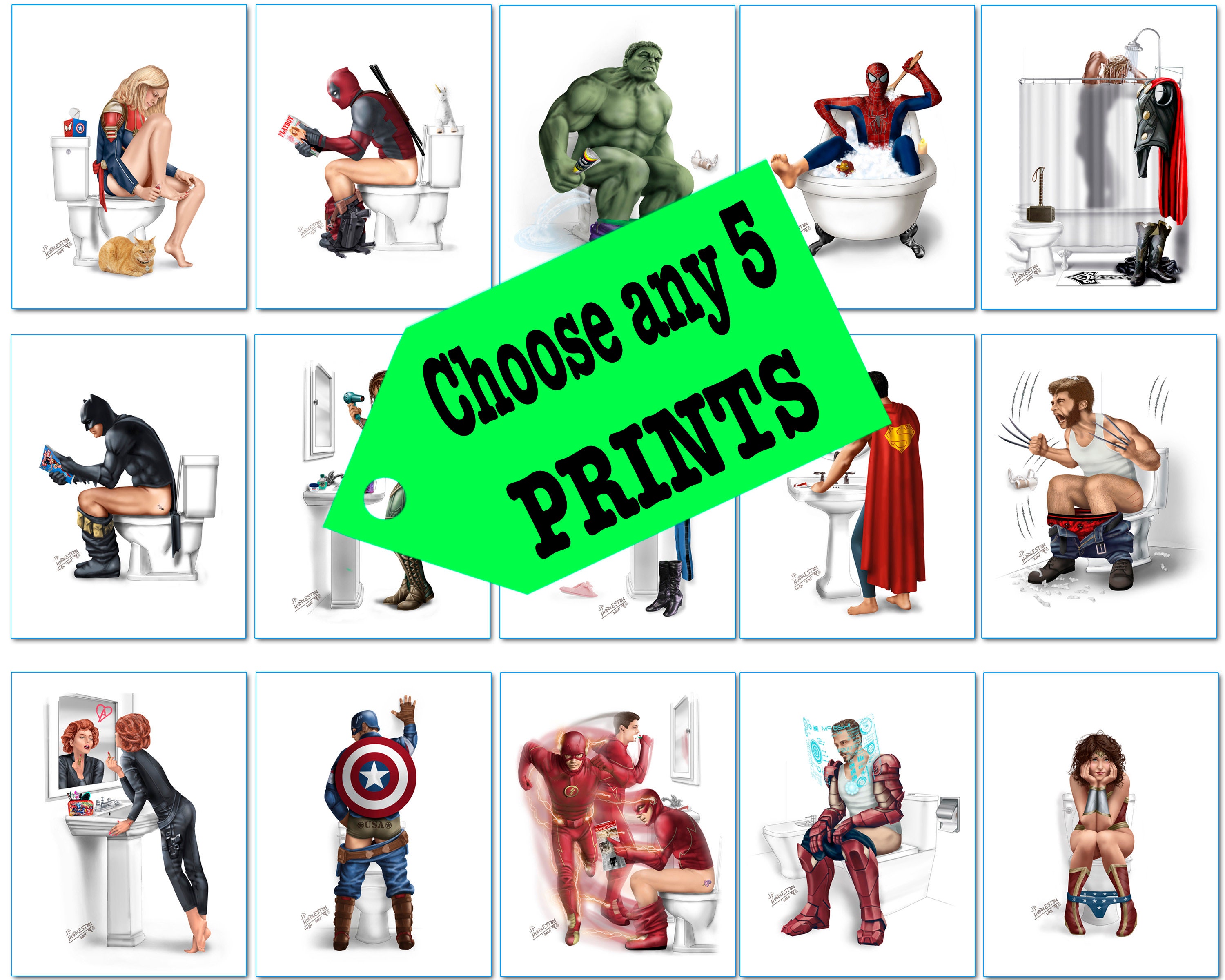 Set Of 5 Superhero Bathroom Prints Aquaman Thor Wolverine Etsy