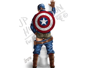 CAPTAIN AMERICA (1 Print) Superhero America's Ass Bathroom Pee Set Prints Antman Commando Bare Bottom Winter Soldier Bathroom Toilet