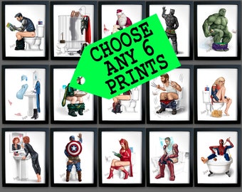 Set OF 6 **Bathroom Superhero Prints  Thor Loki Spider-man  Marvel Woman Hulk Toilet Captain America Deadpool Antman Pooping Antman Iron