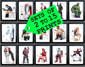 Bathroom Superhero SETS** OF 2-25 PRINTS** 8.5" x 11" &  11 x 17" Prints Toilet Wall Art Man Cave Boyfriend Gift Valentine