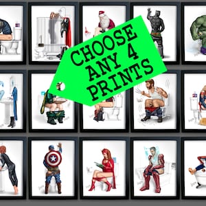 SUPERHERO BATHROOM Prints Set of *4** Bathroom Print Toilet Ironman Thor Wolverine Captain Marvel  Hulk Iron Man Antman Husband