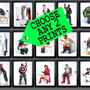 SET of 2 BATHROOM SUPERHEROES Bathroom Prints Toilet Ironman Thor Wolverine Captain America Hulk Iron Man Antman image 1