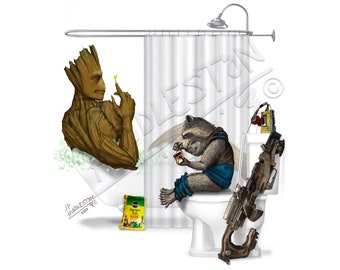 Rocket Racoon & Groot  in the Bathroom Guardians of the Galaxy Prints Superhero Bathroom Artwork Starlord