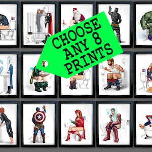 SET OF 8 *** Superhero Bathroom Prints Ironman Thor Spider-man Ant Man Hulk Toilet Captain America Deadpool Antman Iron Man Boyfriend Gift