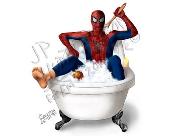 Superhero Bathroom Print **SPIDER-MAN**  in the tub (1 Print) Comic Book Art Bathroom Ironman Thor Antman Spiderman Marvel Scott Lang Antman