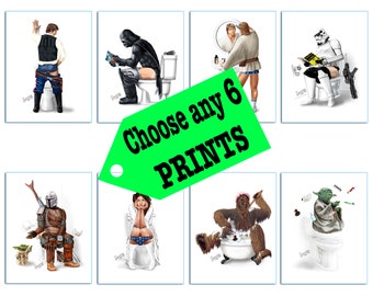 SET OF 6** Star Wars  Bathroom Prints  Spa Wars Toilet Hair Luke Skywalker Yoda Han Solo Toilet Pooping Mandalorian Storm Trooper Chewbacca