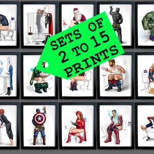 SETS** OF 2-25 PRINTS** 8.5&quot; x 11&quot; &  11 x 17&quot; Prints Bathroom Superhero Toilet Wall Art Man Cave Boyfriend Father&#39;s Day Gift Dad Birthday