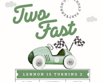 Peut inclure: Invitation d'anniversaire avec une illustration de voiture de course vintage. L'invitation indique "Two Fast" en vert, avec les détails du deuxième anniversaire de Lennon. Comprend la date, l'heure et les informations RSVP, avec une bordure à damier.