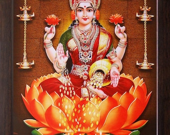 Maa Laxmi Goddess of Wealth HD Print in Brown Frame (9x12 inch)