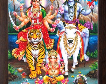 Lord Shiva, Durga, Ganesha Framed HD Print, Hindu Religious Art (9x12 inch)