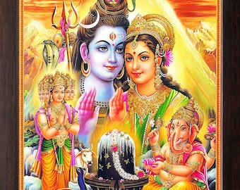 Lord Shiva Family HD Print, Brown Frame, Hindu Decor (9x12 inch)