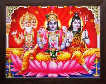 Lord Brahma Vishnu Mahesh Print, HD Religious Wall Decor (9 X 12 inch)