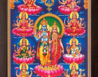 Lord Vishnu & Lakshmi HD Print, Religious Picture with Brown Frame