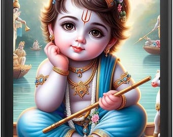 Krishna Painting | Bal Gopal Art in Brown Frame