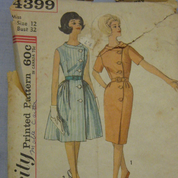 Simplicity 4399 One Piece Wrap Around Dress Size 12 Bust 32 Inches Cut Sewing Pattern 1962